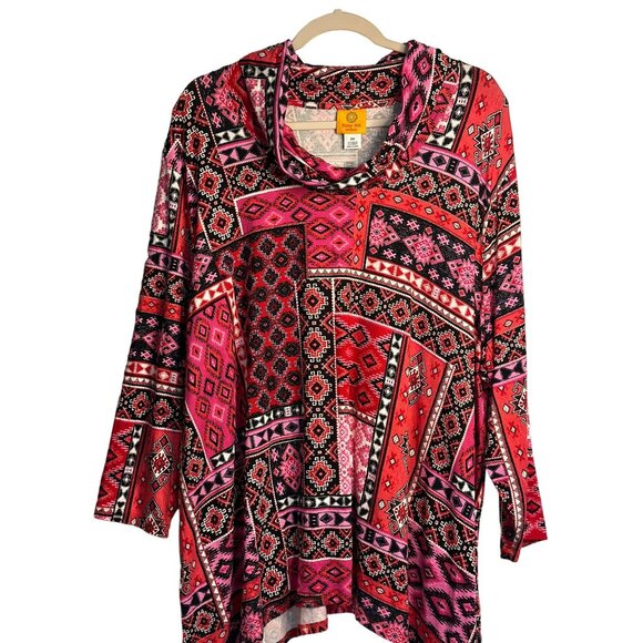 NWT Ruby Rd Womens 2X Cowl Neck Tunic Top 3/4 Sleeve Red Pink Stretchy 26"x28" - Picture 2 of 7